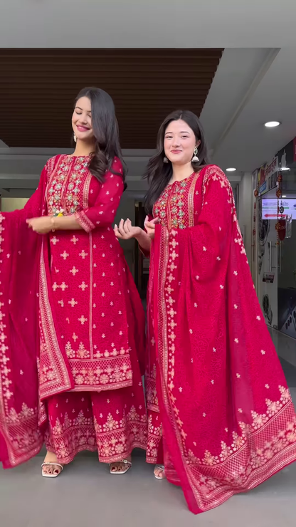 Couple’s Coordinated Red Embroidered Kurta Set with Dupattas – Festive Ethnic Portrait Ensemble