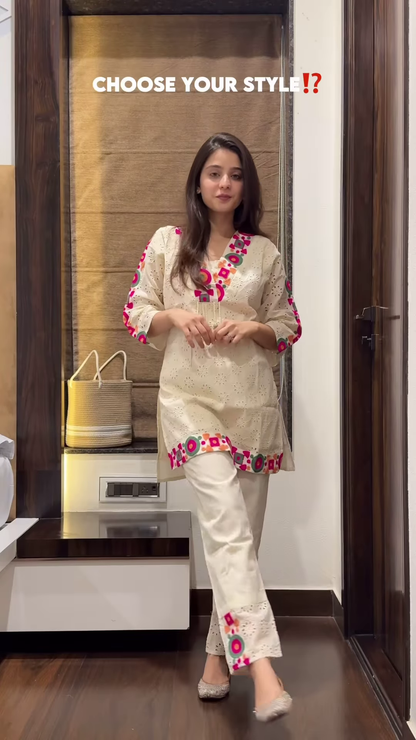 Women’s Beige Embroidered Kurta Pant Set with Geometric Pink-Green Motifs – Cultural Boutique Portrait Edit