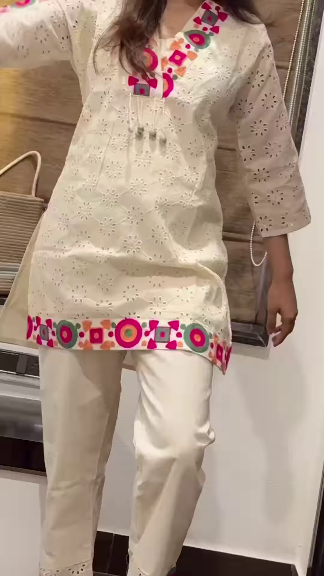 Women’s Beige Embroidered Kurta Pant Set with Geometric Pink-Green Motifs – Cultural Boutique Portrait Edit