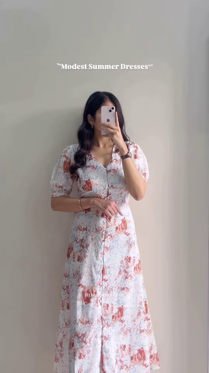Women’s White Short-Sleeve Dress with Red & Blue Floral Prints