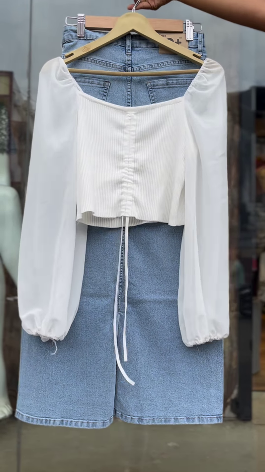 Women’s White Ruched Tie-Front Blouse with Sheer Sleeves & High-Waist Light Blue Denim Shorts – Summer Casual Co-Ord Set