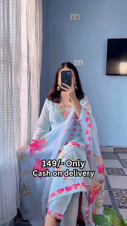 Women’s Light Blue Floral Printed Kurti with Matching Dupatta