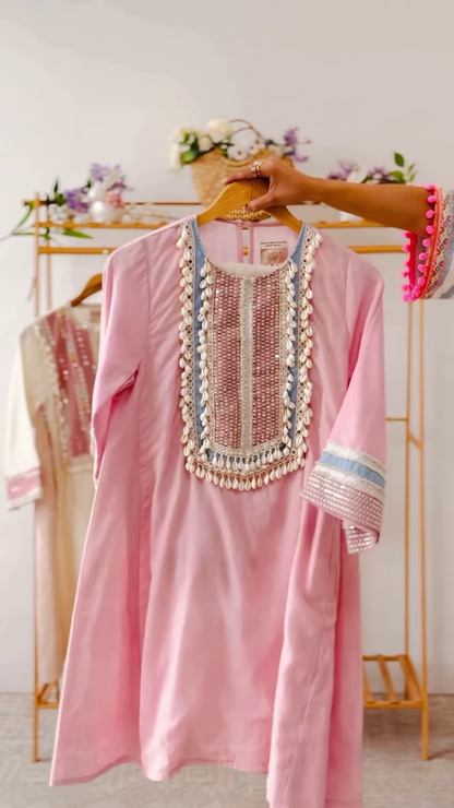 Women’s Baby Pink Beaded Kurti with Shell Accents – Premium Embroidered Ethnicwear for Boutique Collections