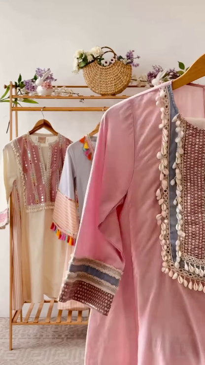Women’s Baby Pink Beaded Kurti with Shell Accents – Premium Embroidered Ethnicwear for Boutique Collections