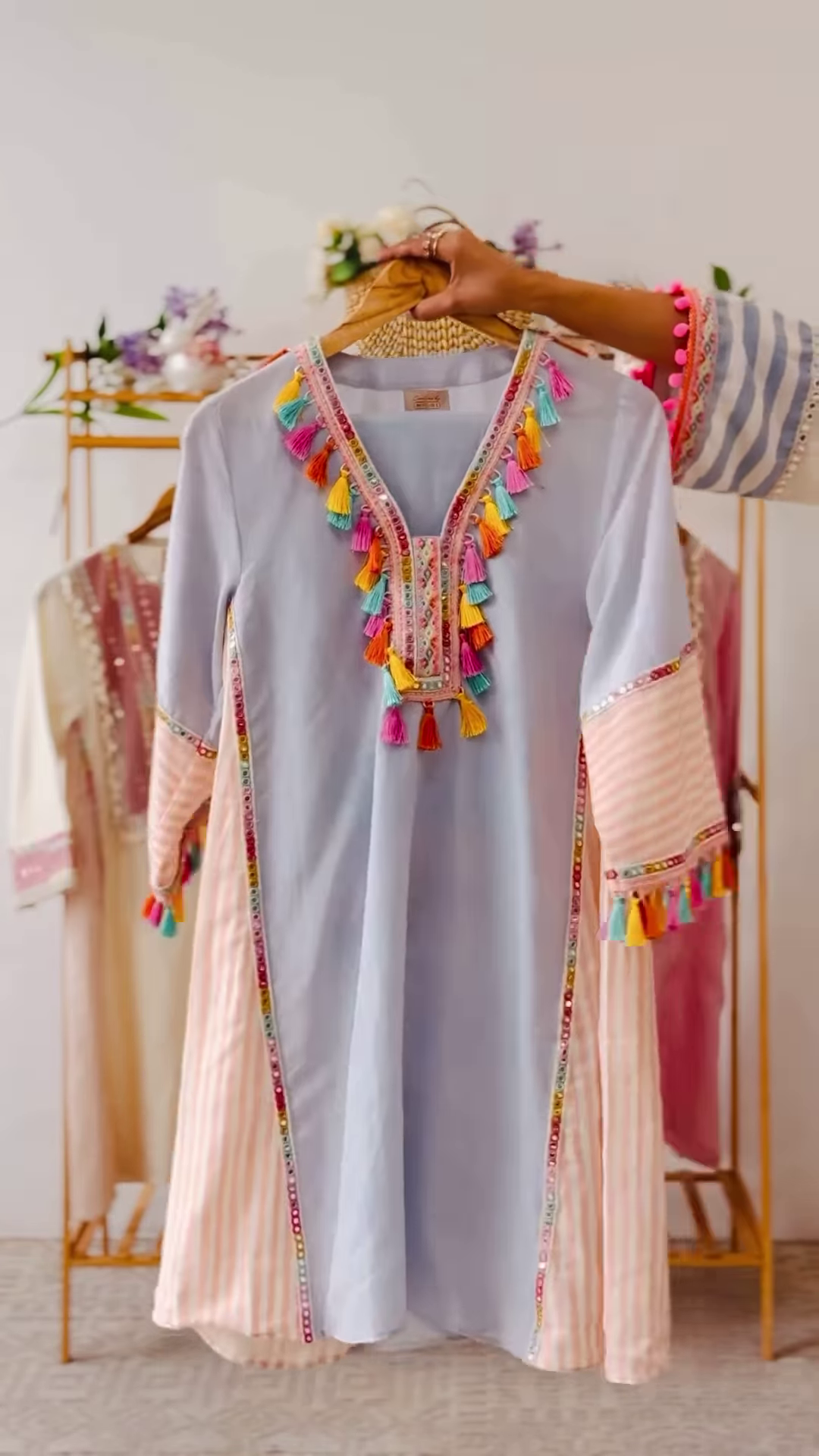 Women’s Baby Pink Beaded Kurti with Shell Accents – Premium Embroidered Ethnicwear for Boutique Collections