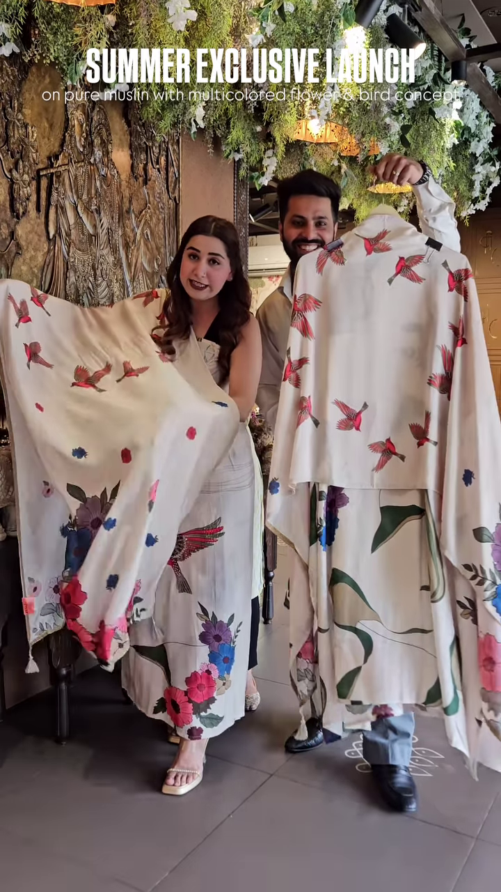 Pure Muslin Fabric with Multicolor Floral & Bird Print – “Summer Exclusive Launch” Textile Promotion