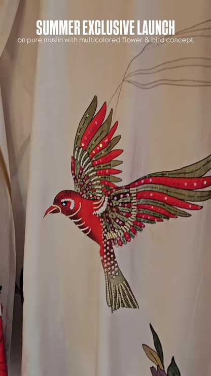 Pure Muslin Fabric with Multicolor Floral & Bird Print – “Summer Exclusive Launch” Textile Promotion