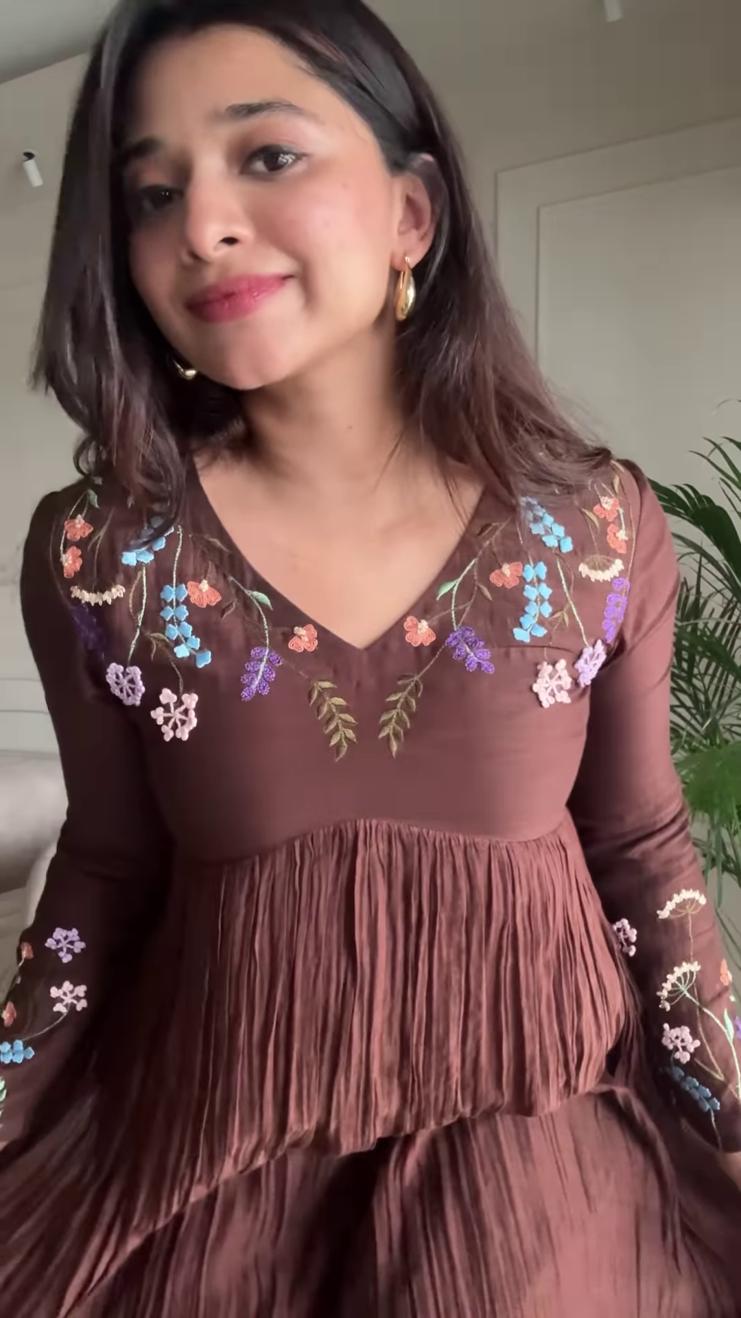 Women’s Brown Floral Embroidered Maxi Dress with Pleated Skirt – Elegant Indo-Western Casualwear