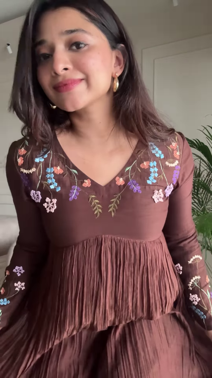 Women’s Brown Floral Embroidered Maxi Dress with Pleated Skirt – Elegant Indo-Western Casualwear
