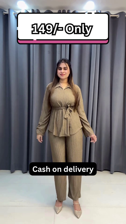 Women’s Maroon Belted Kurti with Matching Straight Pants – Casual Ethnicwear with Layered Elegance