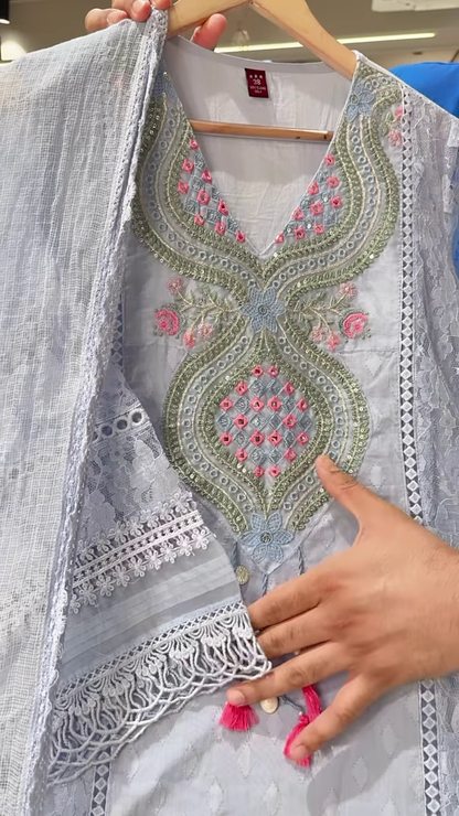 Women’s Light Blue Lace Kurti with Pink Floral Embroidery & Tassel Details – Ethnicwear Set with Sheer Dupatta