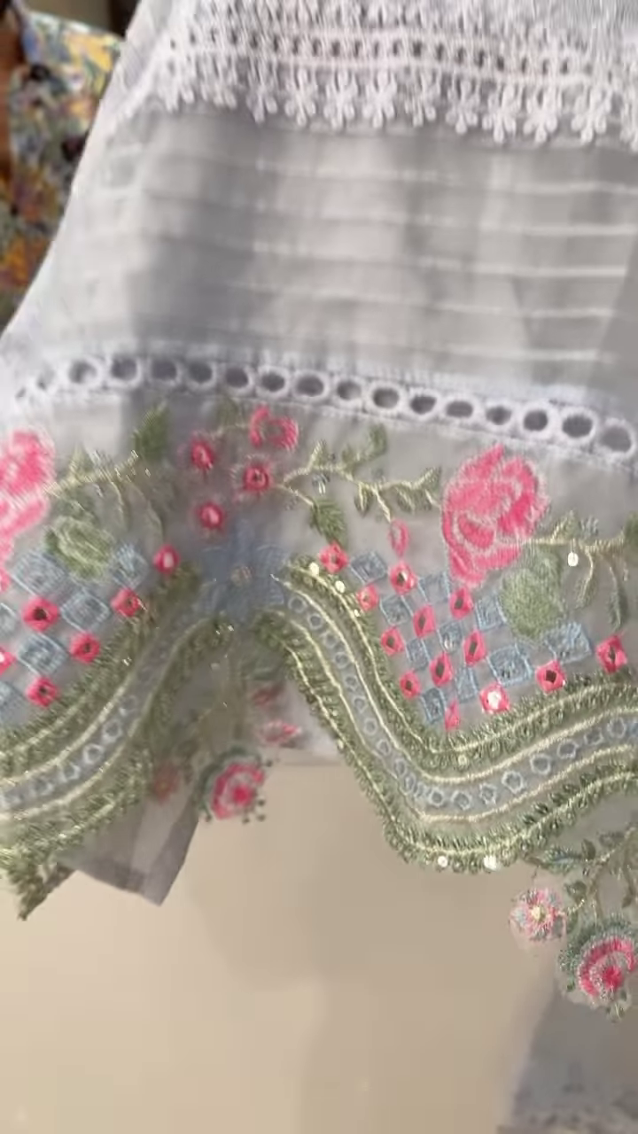 Women’s Light Blue Lace Kurti with Pink Floral Embroidery & Tassel Details – Ethnicwear Set with Sheer Dupatta