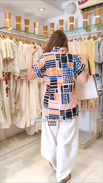 Women’s White Ethnicwear Set with Multicolor Geometric Embroidery & Free Printed Bag – Boutique-Ready Co-Ord with Gift Inclusion