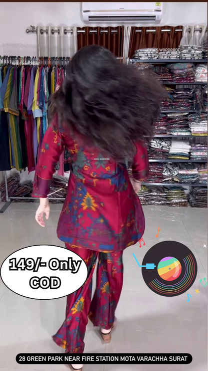 Women’s Multicolor Abstract Printed Kurti with Matching Pants – Ethnic Fusion Co-Ord Set with Music-Themed Backdrop