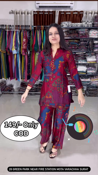 Women’s Multicolor Abstract Printed Kurti with Matching Pants – Ethnic Fusion Co-Ord Set with Music-Themed Backdrop