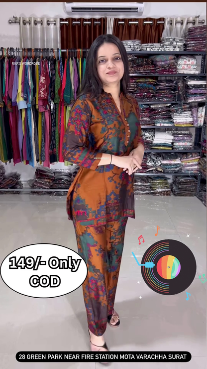 Women’s Multicolor Abstract Printed Kurti with Matching Pants – Ethnic Fusion Co-Ord Set with Music-Themed Backdrop