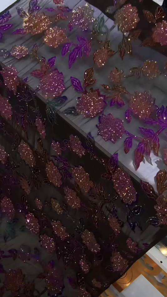 Luxury Sheer Fabric with Glitter Floral Embroidery – Purple-Pink Bloom Motif on Transparent Base for Occasionwear Draping & Tailoring