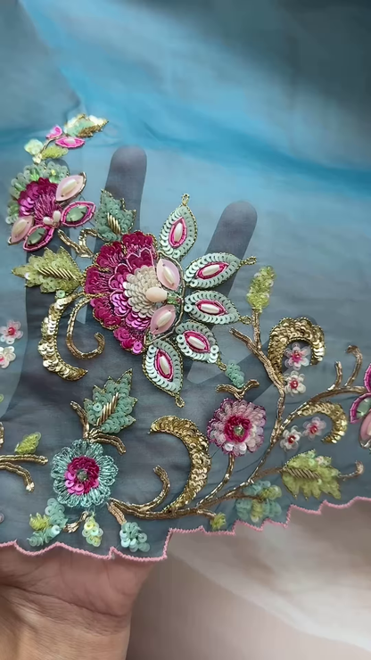 Dual-Toned Embroidered Sheer Fabric Panel with Sequins & Floral Motifs – Pink & Blue Textile for Occasionwear Drapes & Fusion Tailoring