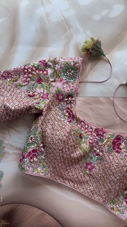 Dual-Toned Embroidered Sheer Fabric Panel with Sequins & Floral Motifs – Pink & Blue Textile for Occasionwear Drapes & Fusion Tailoring