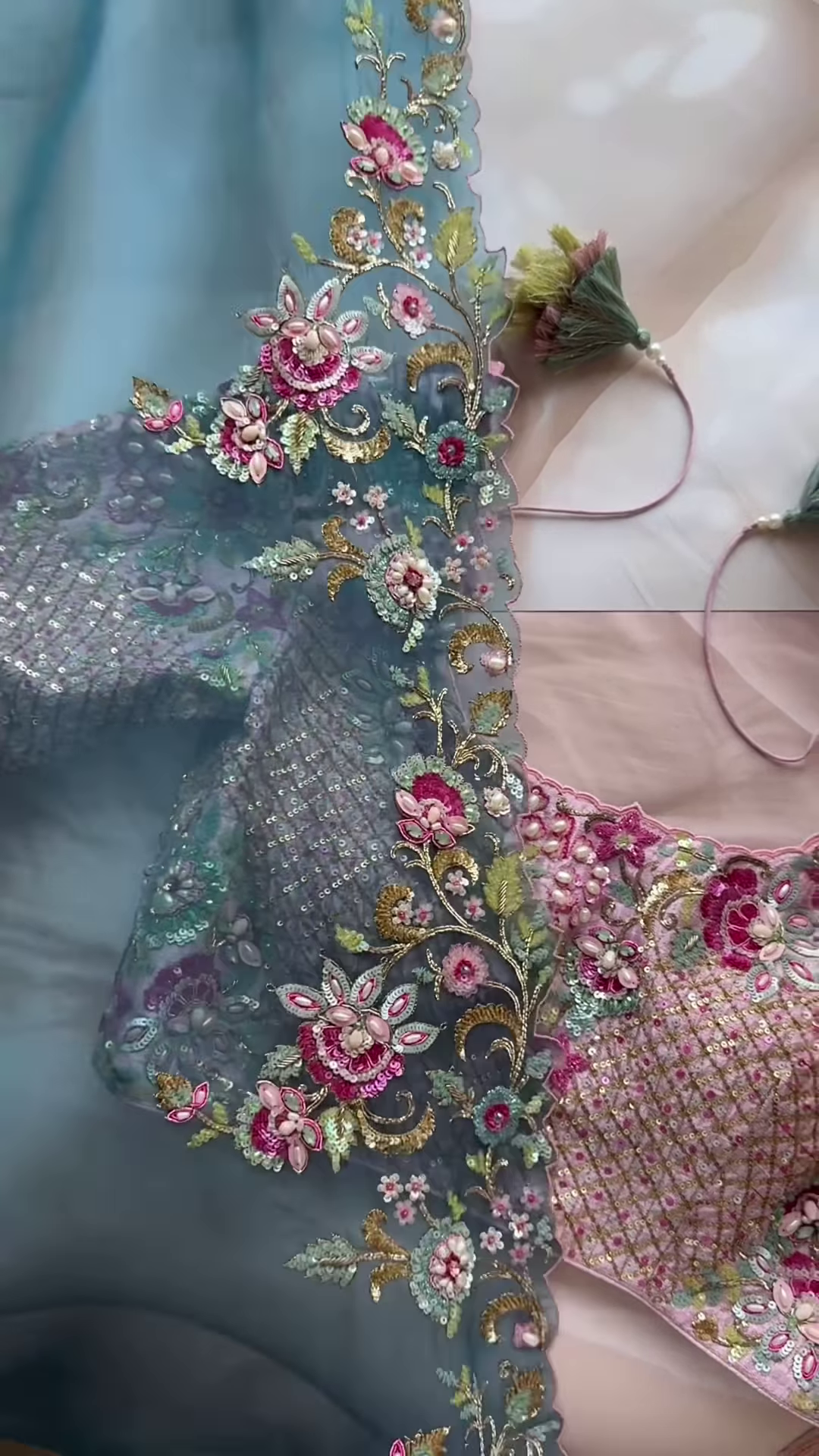 Dual-Toned Embroidered Sheer Fabric Panel with Sequins & Floral Motifs – Pink & Blue Textile for Occasionwear Drapes & Fusion Tailoring