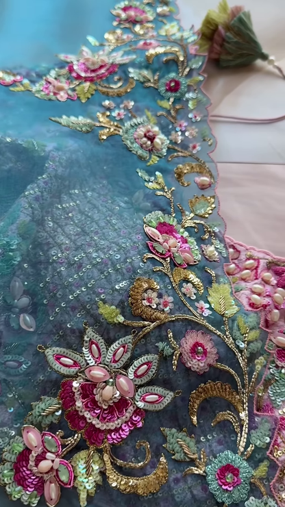 Dual-Toned Embroidered Sheer Fabric Panel with Sequins & Floral Motifs – Pink & Blue Textile for Occasionwear Drapes & Fusion Tailoring