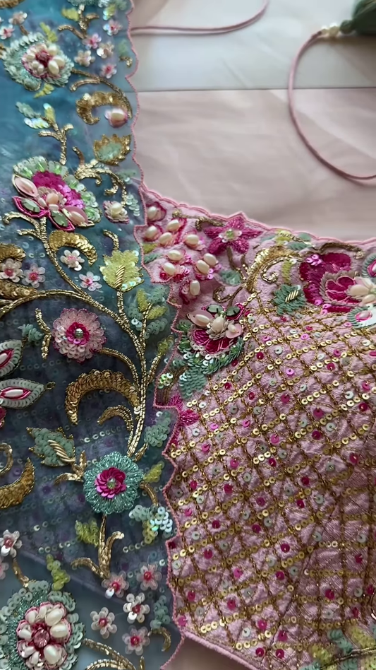 Dual-Toned Embroidered Sheer Fabric Panel with Sequins & Floral Motifs – Pink & Blue Textile for Occasionwear Drapes & Fusion Tailoring