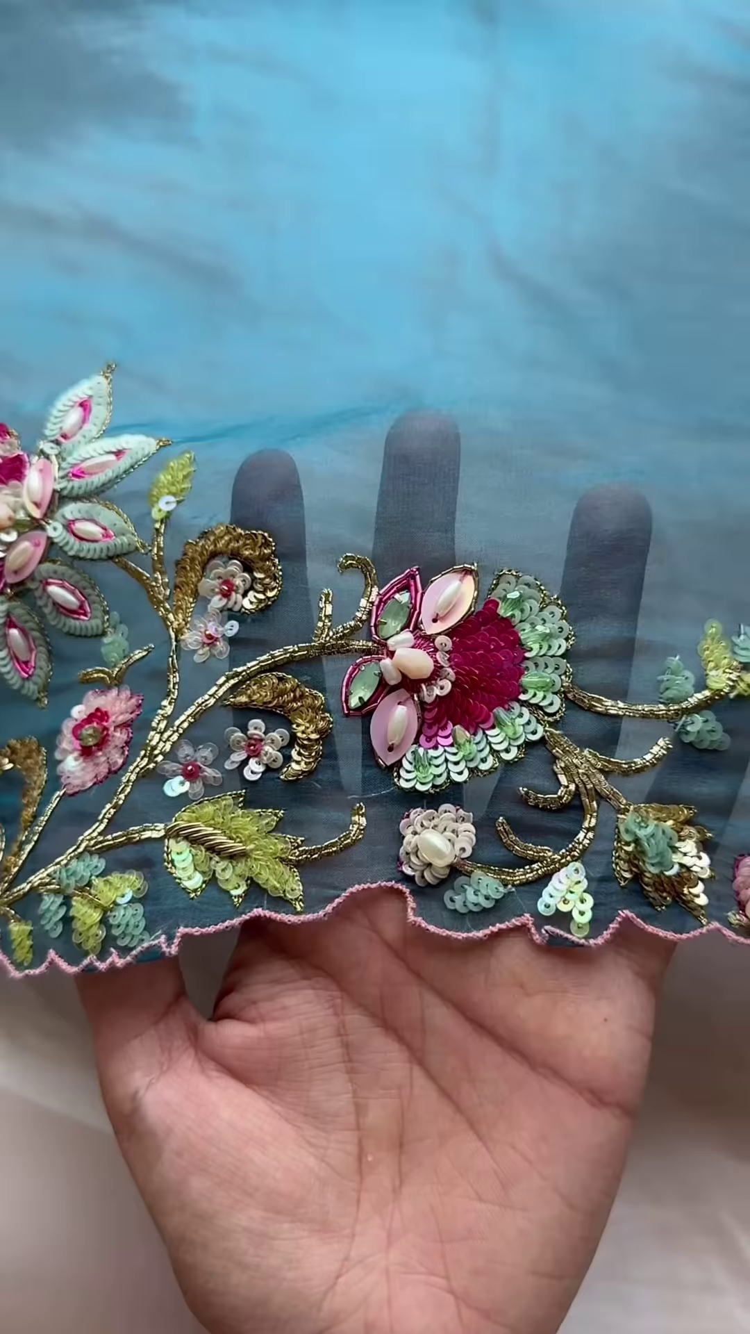 Dual-Toned Embroidered Sheer Fabric Panel with Sequins & Floral Motifs – Pink & Blue Textile for Occasionwear Drapes & Fusion Tailoring