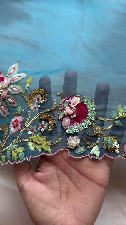 Dual-Toned Embroidered Sheer Fabric Panel with Sequins & Floral Motifs – Pink & Blue Textile for Occasionwear Drapes & Fusion Tailoring