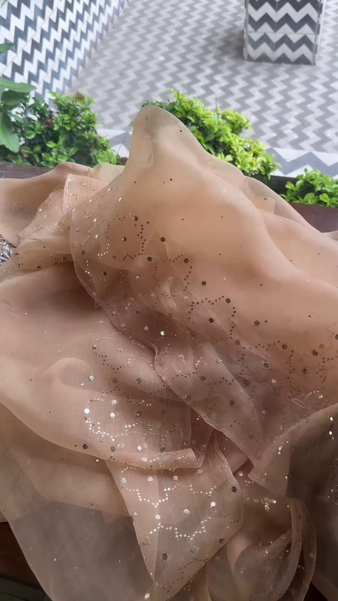 Beige Sheer Embroidered Fabric Panel with White Floral Motifs & Sequin Accents – Ethnicwear Material