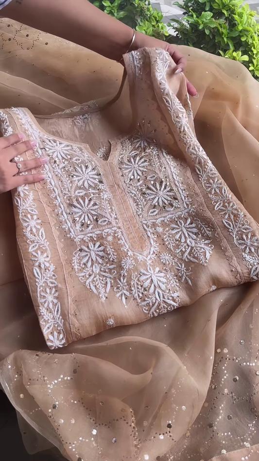 Beige Sheer Embroidered Fabric Panel with White Floral Motifs & Sequin Accents – Ethnicwear Material