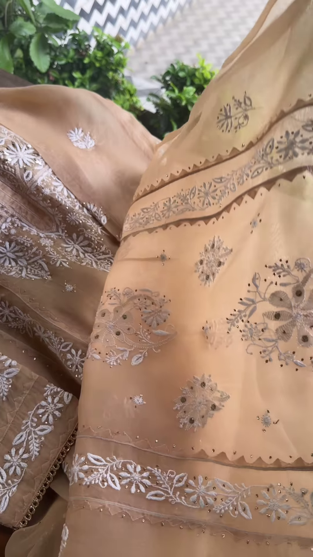 Beige Sheer Embroidered Fabric Panel with White Floral Motifs & Sequin Accents – Ethnicwear Material