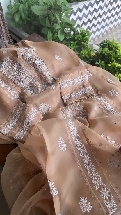 Beige Sheer Embroidered Fabric Panel with White Floral Motifs & Sequin Accents – Ethnicwear Material