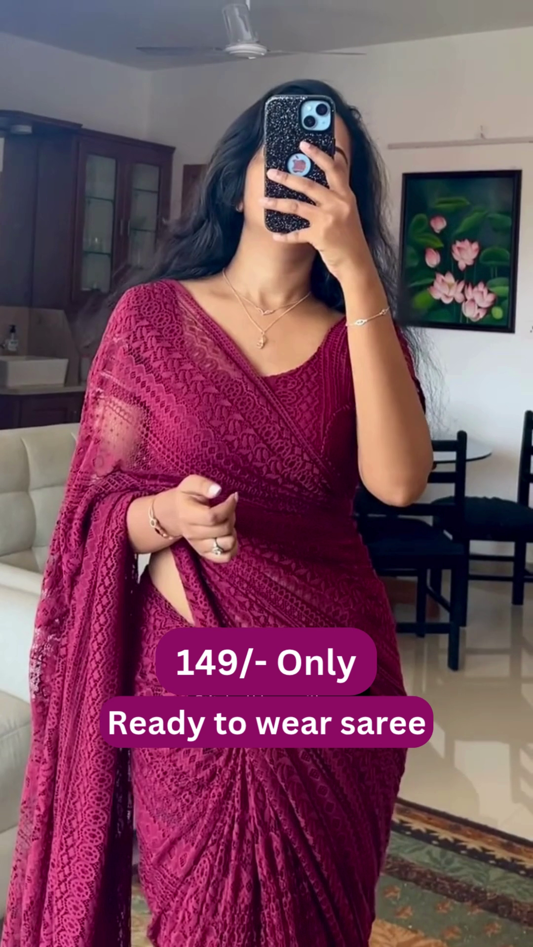 Women’s Maroon Lace Saree with Intricate Floral Border – Ready-to-Wear Ethnic Ensemble with Homestyle Presentation