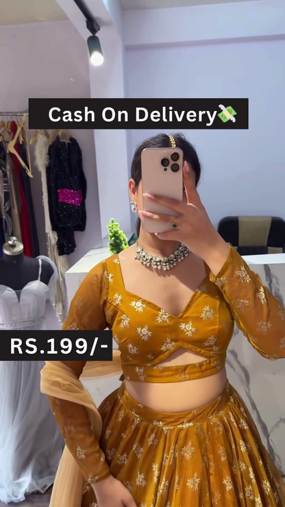 Mustard Yellow Floral Lehenga Choli Set with White Bloom Motifs – Sunny Vibes for Every Ethnic Occasion