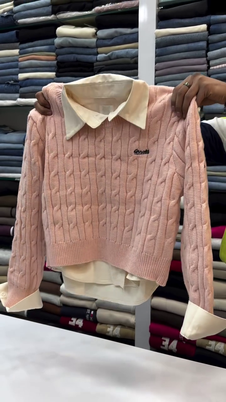 Elegant Beige Cable Knit Sweater with White Collar – Preppy Chic Style