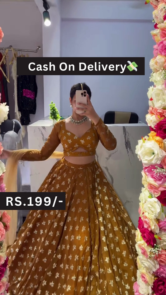 Mustard Yellow Floral Lehenga Choli Set with White Bloom Motifs – Sunny Vibes for Every Ethnic Occasion