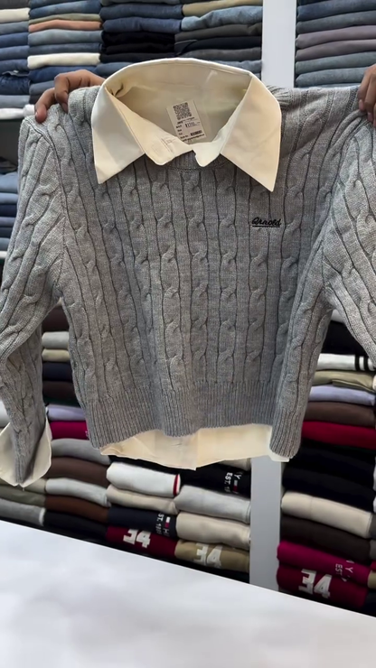 Elegant Beige Cable Knit Sweater with White Collar – Preppy Chic Style