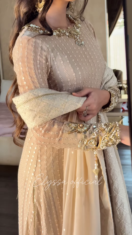 Elegant Beige Embroidered Suit with Pearl & Sequin Detailing