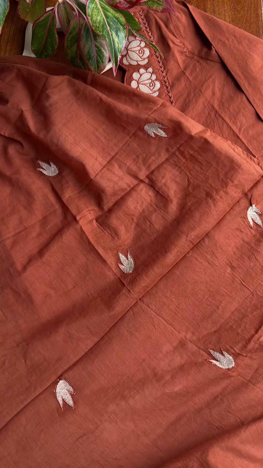 Women’s Reddish-Brown Ethnic Kurti with Floral Embroidery, Tassels & Shell Accents – Handcrafted Neckline Detailing for Festive Styling