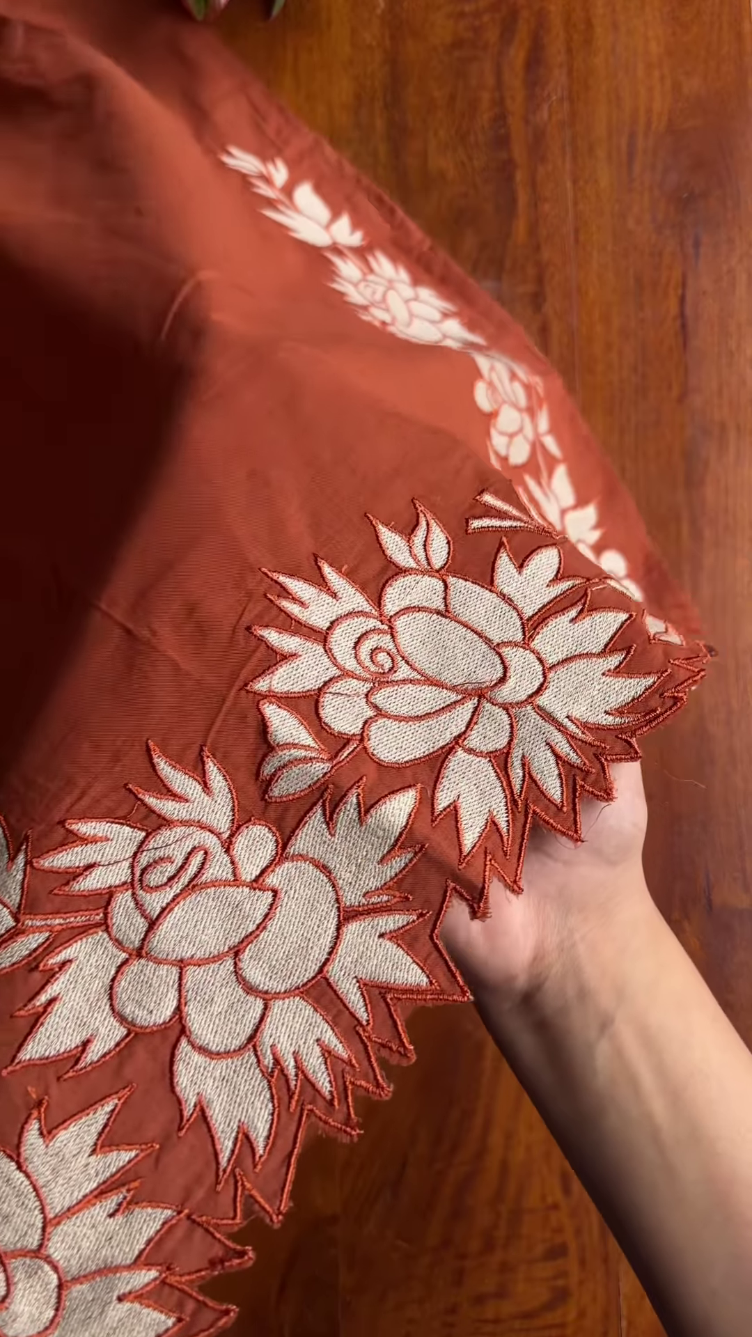 Women’s Reddish-Brown Ethnic Kurti with Floral Embroidery, Tassels & Shell Accents – Handcrafted Neckline Detailing for Festive Styling