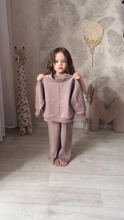 Kids’ Light Brown Co-Ord Set with Long Sleeves & White Sneakers – Neutral-Tone Outfit Styled with Giraffe Plush & Personalized Decor