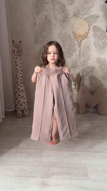 Kids’ Light Brown Co-Ord Set with Long Sleeves & White Sneakers – Neutral-Tone Outfit Styled with Giraffe Plush & Personalized Decor