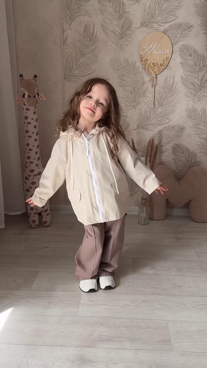 Kids’ Light Brown Co-Ord Set with Long Sleeves & White Sneakers – Neutral-Tone Outfit Styled with Giraffe Plush & Personalized Decor