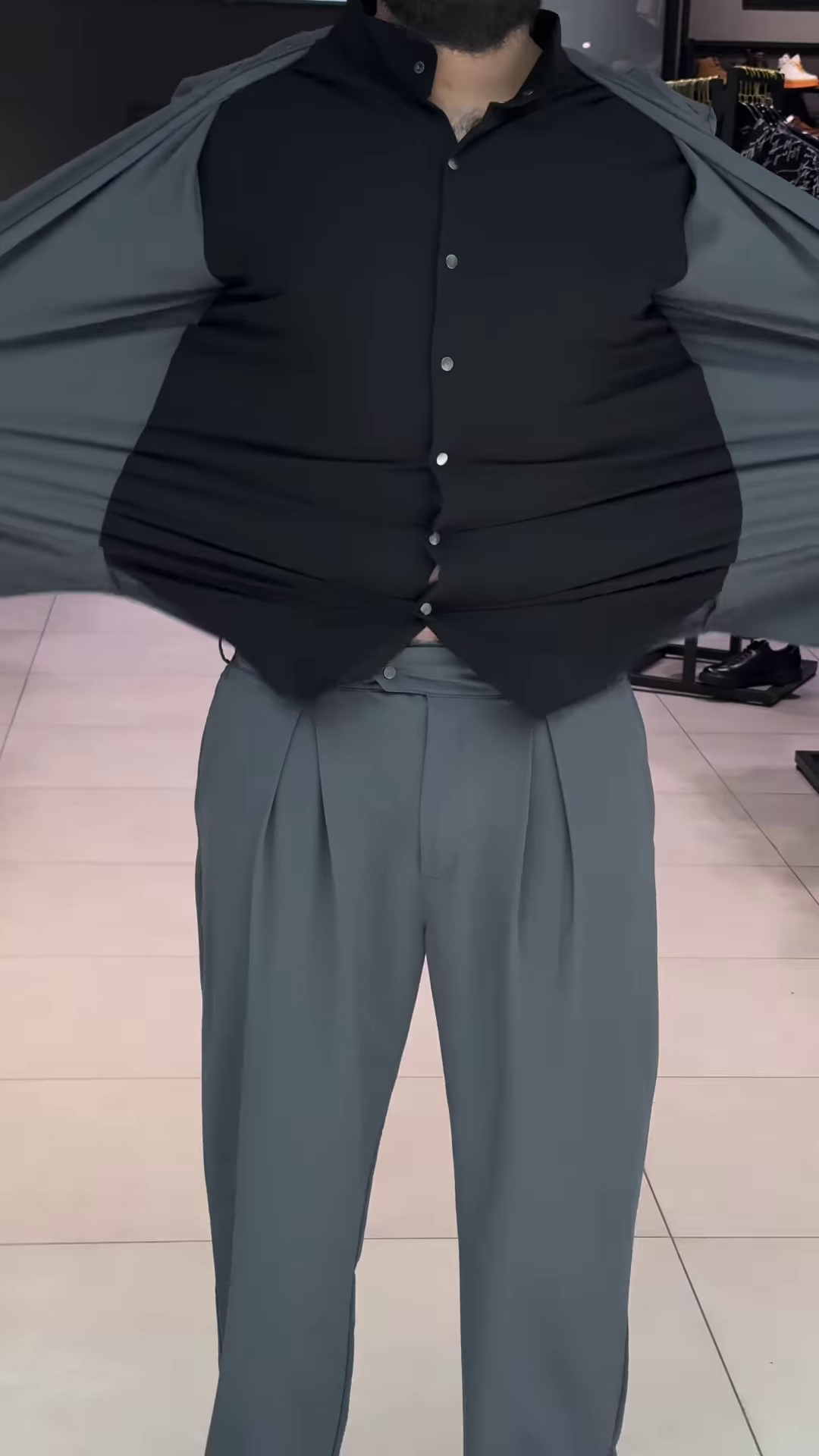 Men’s Black Stretchable Button-Up Shirt with Gray Pants – Comfort-Fit Ethnic Fusion Ensemble for Everyday Styling