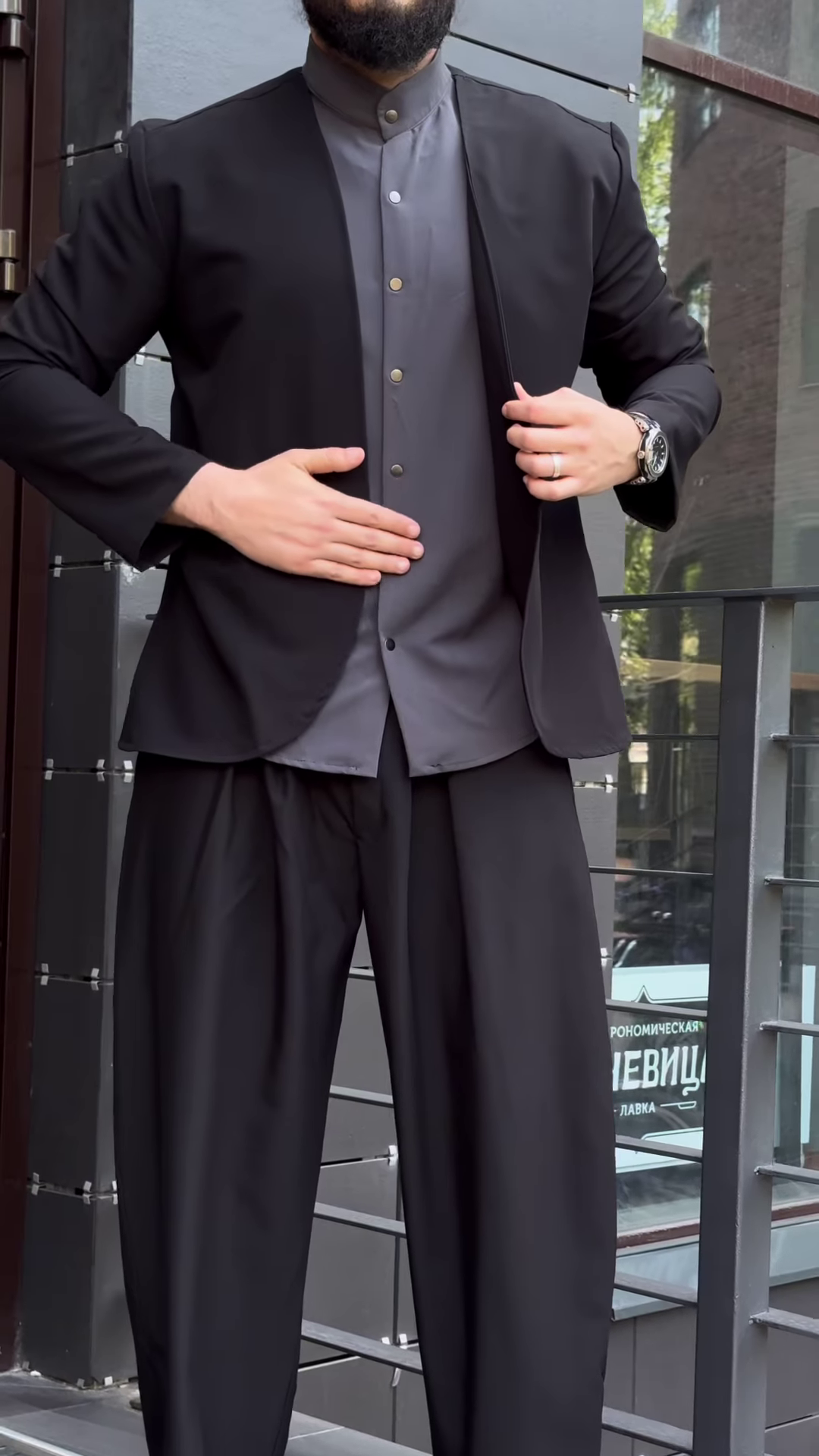 Men’s Black Stretchable Button-Up Shirt with Gray Pants – Comfort-Fit Ethnic Fusion Ensemble for Everyday Styling