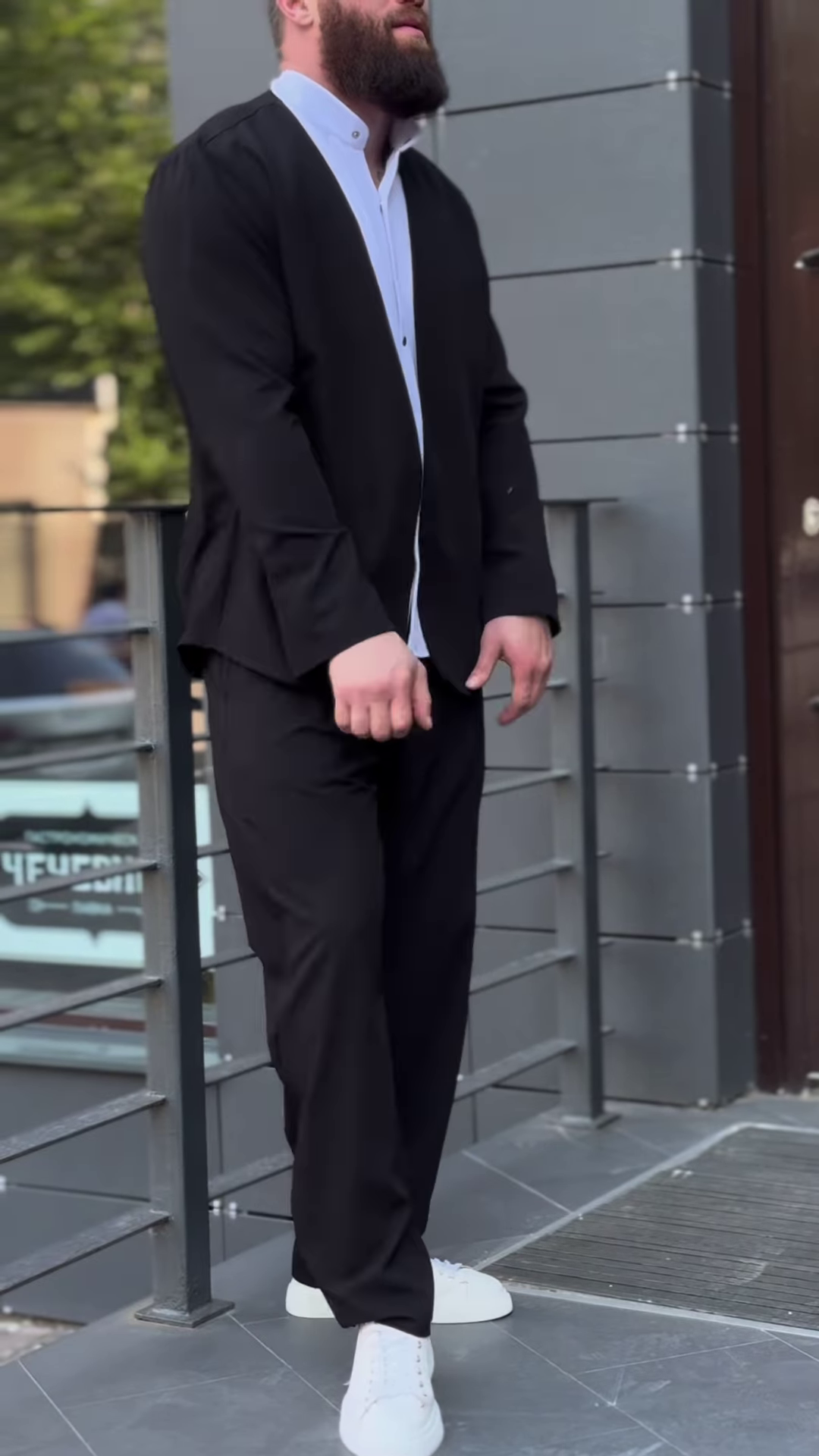 Men’s Black Stretchable Button-Up Shirt with Gray Pants – Comfort-Fit Ethnic Fusion Ensemble for Everyday Styling