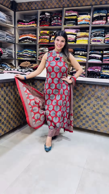 Women’s Sleeveless Black Dress with Red Circular Motifs & Keyhole Neckline – Boutique Ethnicwear Styled with Matching Fabric Accent