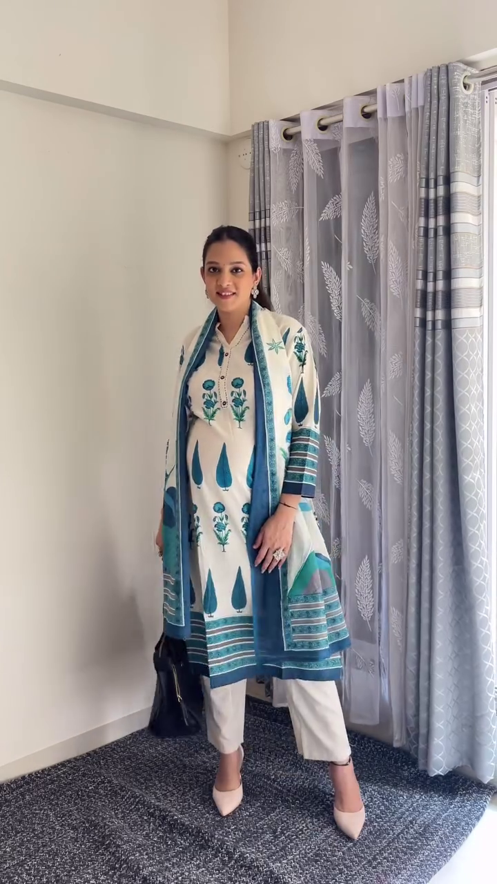 Elegant Blue & White Printed Cotton Kurta Set with Dupatta