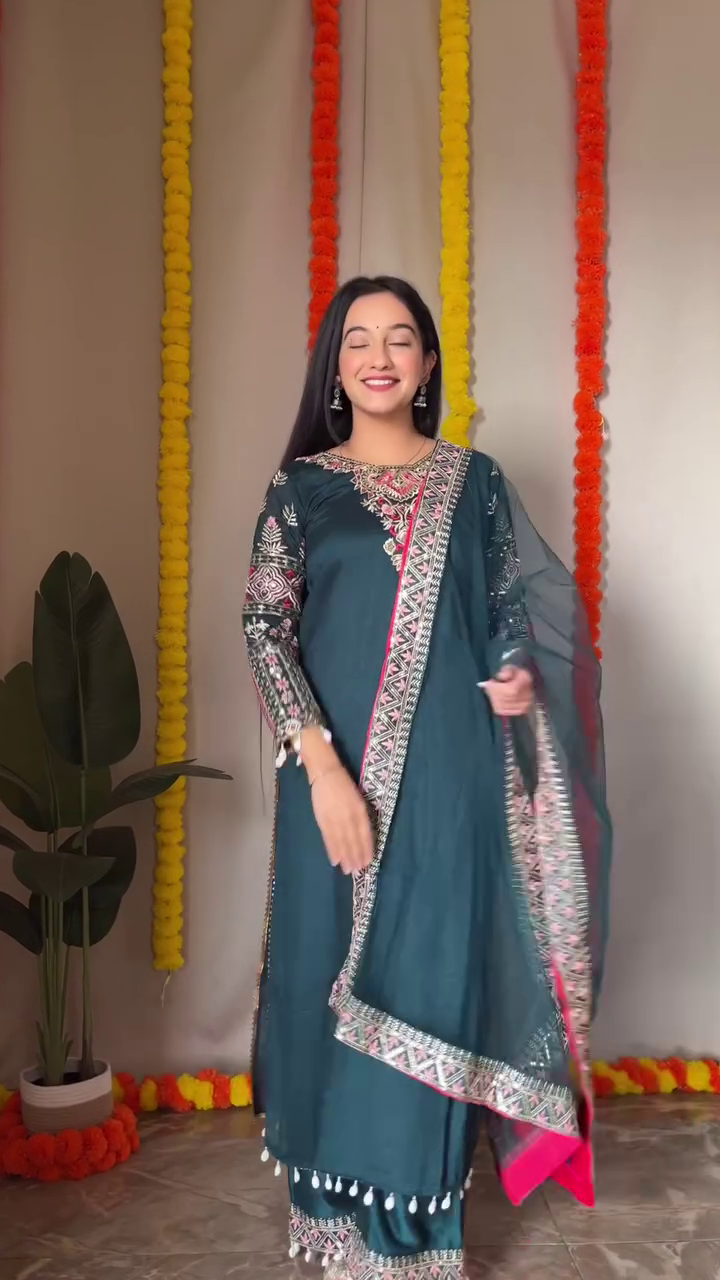 Elegant Teal Embroidered Sharara Suit Set – Festive & Wedding Wear