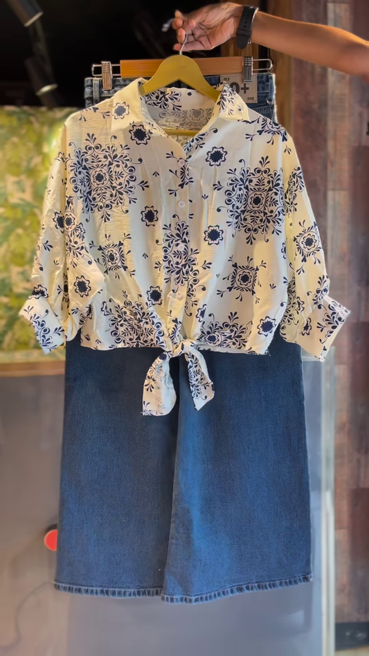 White & Blue Floral Shirt with Denim Jeans Co-ord